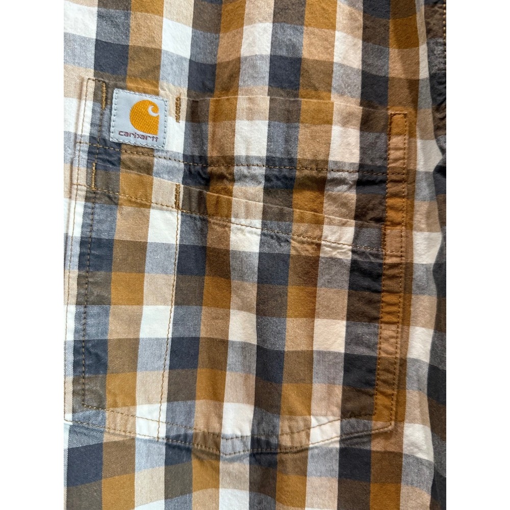 Carhartt Mens Large Short Sleeve Plaid Button Down Shirt Brown Navy 103005 211 - Picture 6 of 8